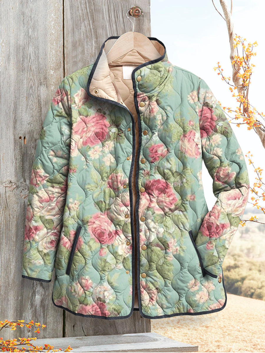 Winifred quilted jacket in sage green vintage rose print, front view