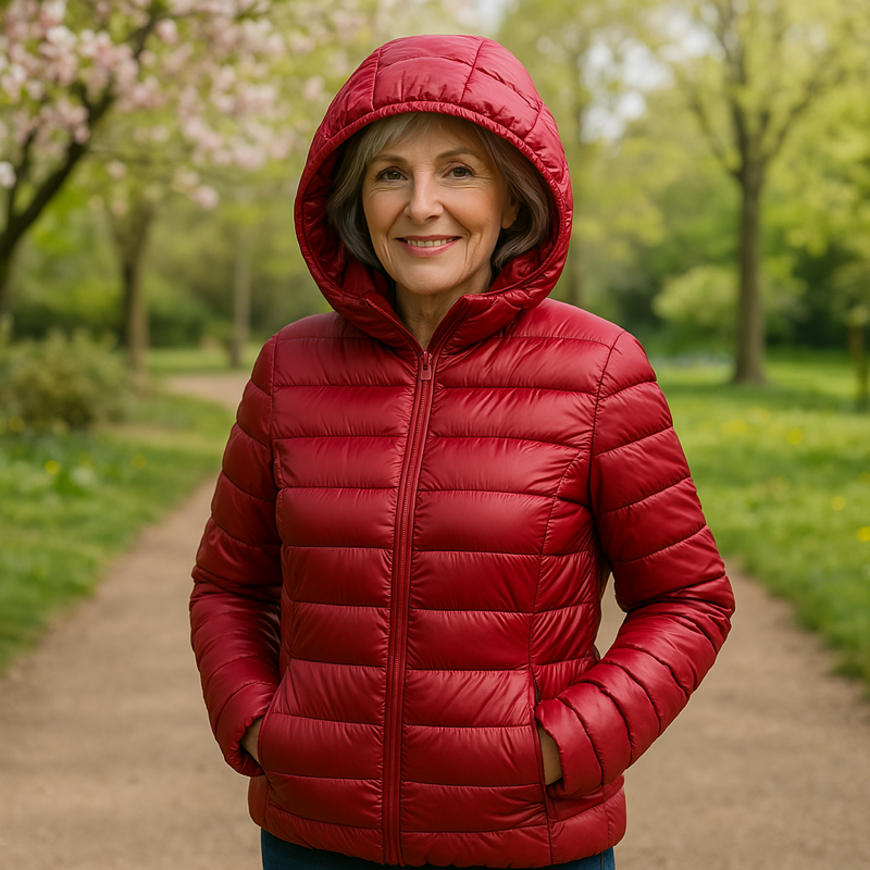 Metta padded jacket in dark red, hood up, front view worn outdoors