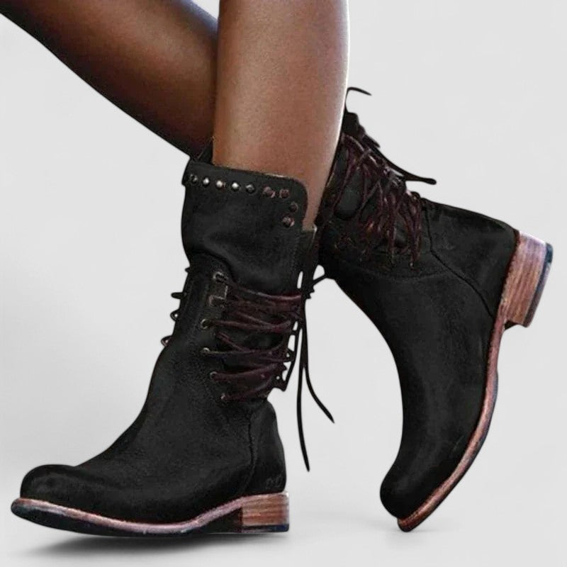 Rachel vintage lace-up ankle boots in black, worn side view