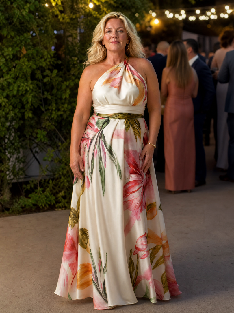 Amiel floral maxi dress in ivory worn at an evening garden party