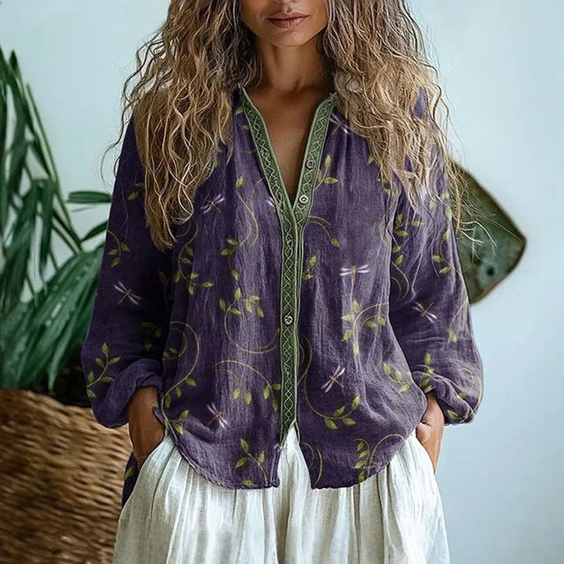 Avis leaf and dragonfly print blouse in purple, relaxed front view