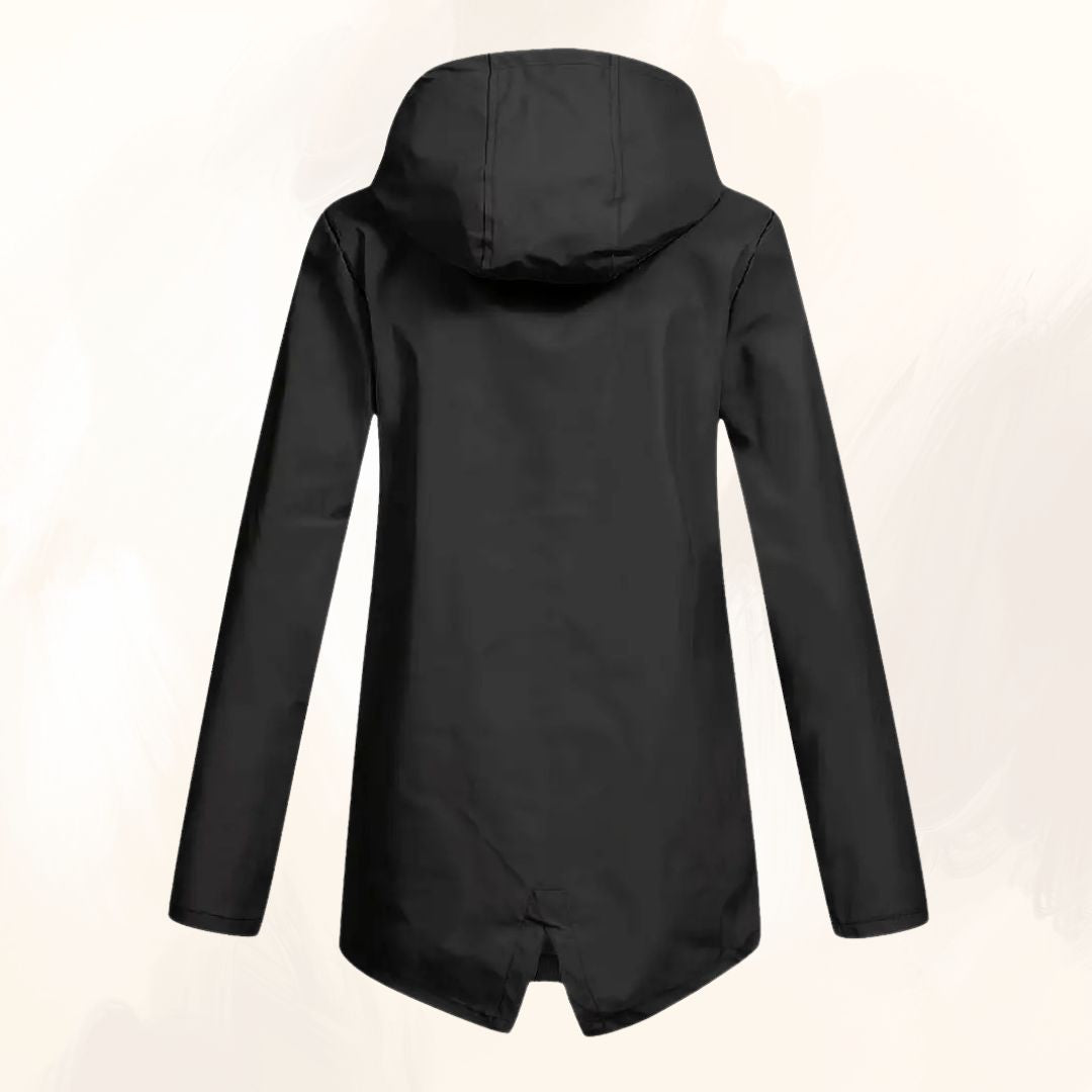 Evelynne winter fur jacket in black, back view with hood