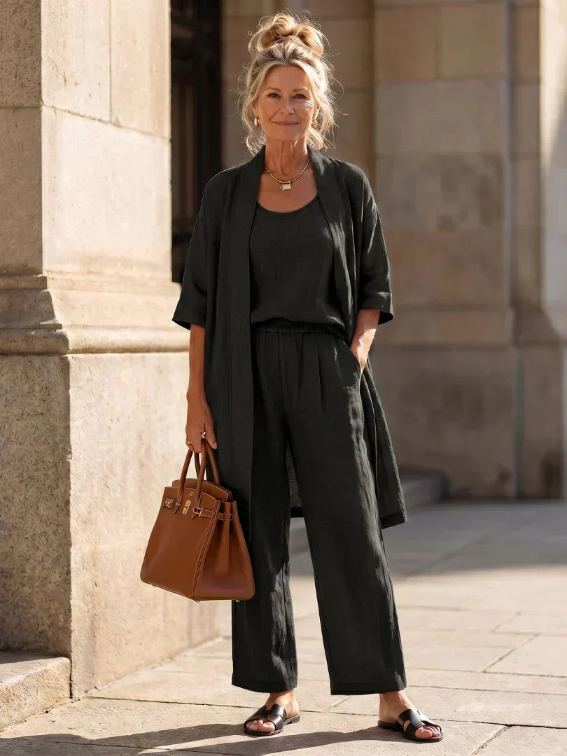 Lorrin three-piece set in black, full-length front view
