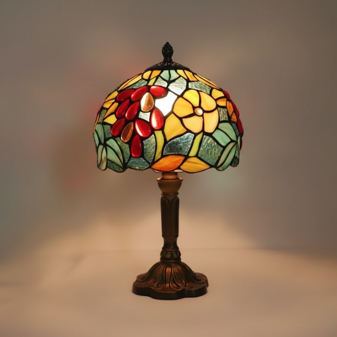 Arizona stained-glass table lamp with red and yellow floral shade