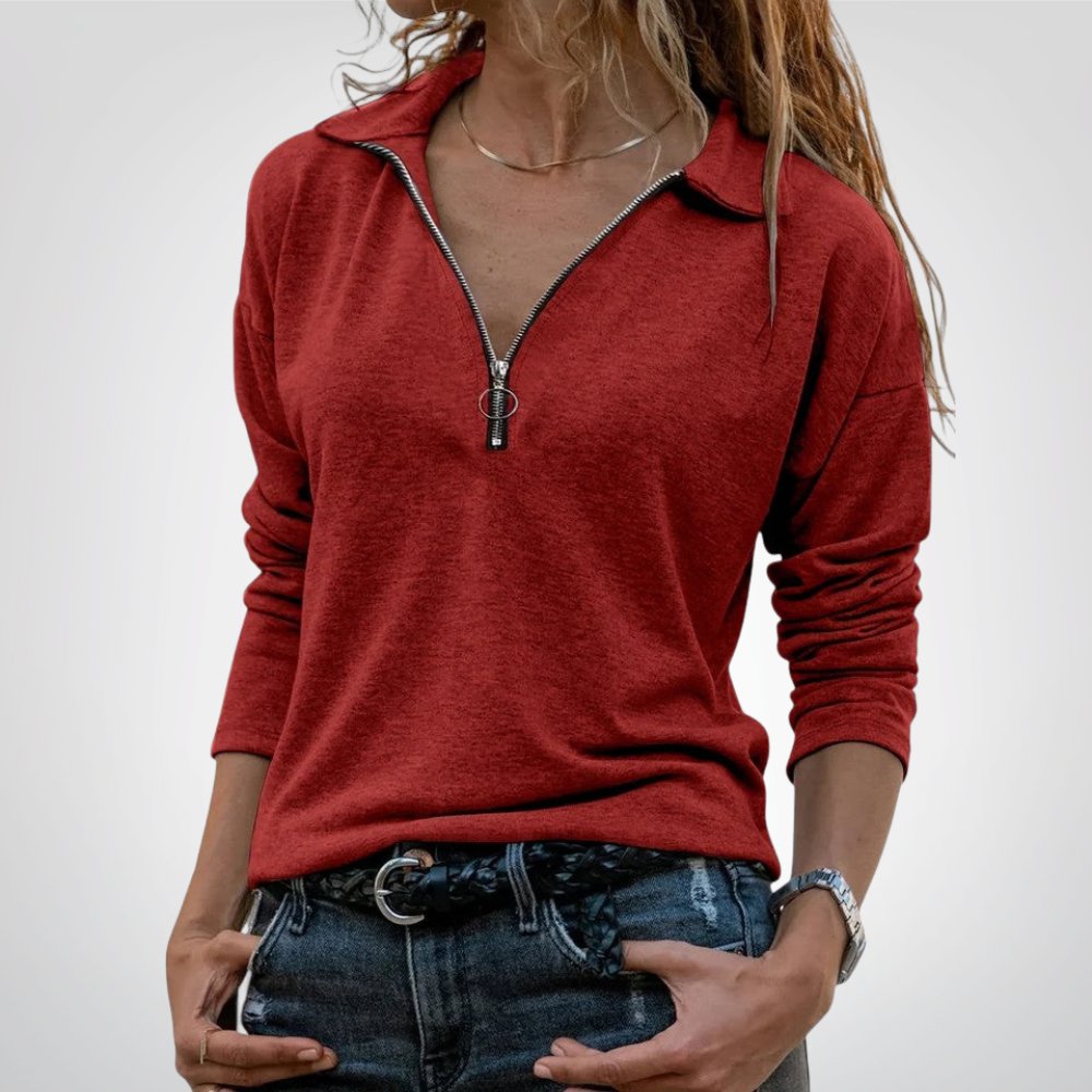 Jaylina half-zip collared top in burgundy, front view