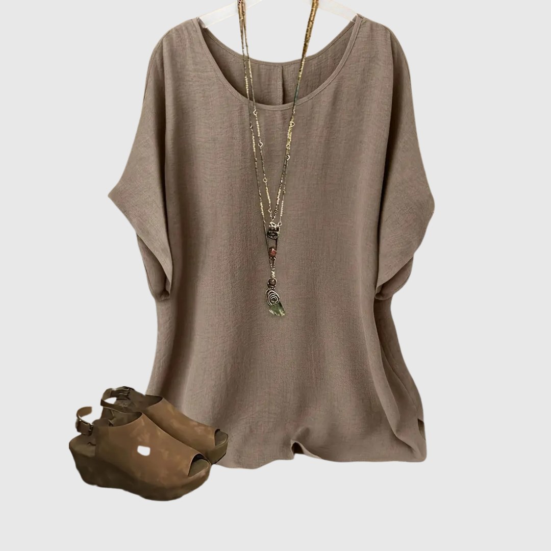 Ardina casual comfort blouse in khaki, front view on hanger
