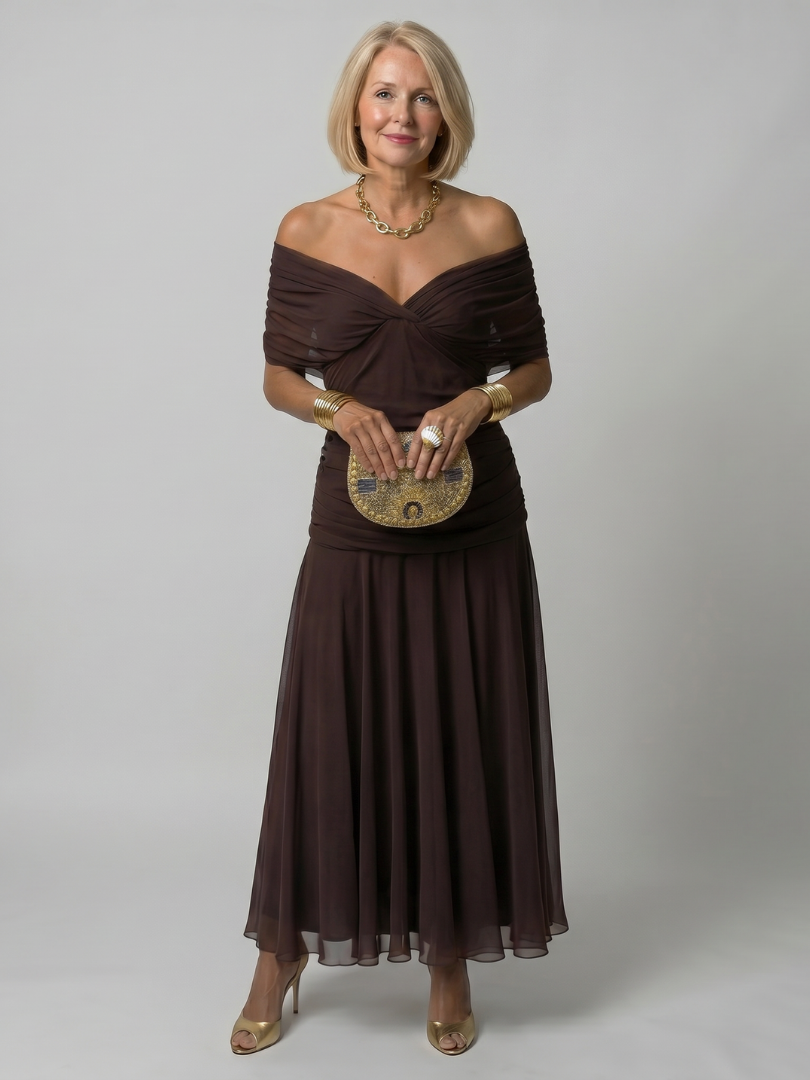 Flow midi dress in brown, full-length front view