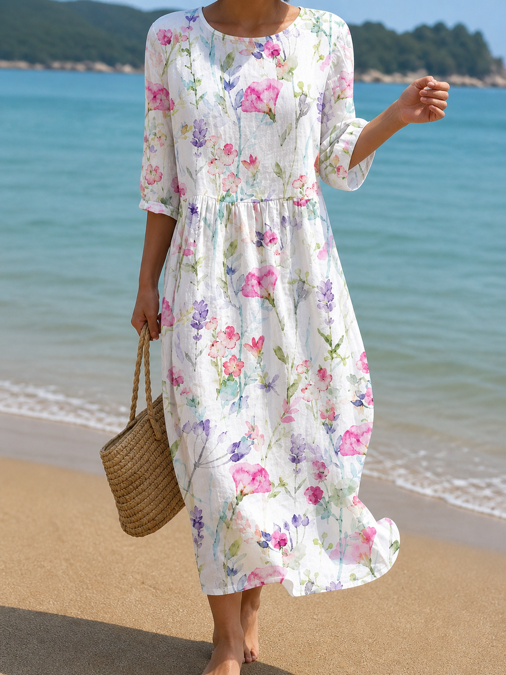 Casual floral print dress in white with pink and lilac flowers, full-length front view