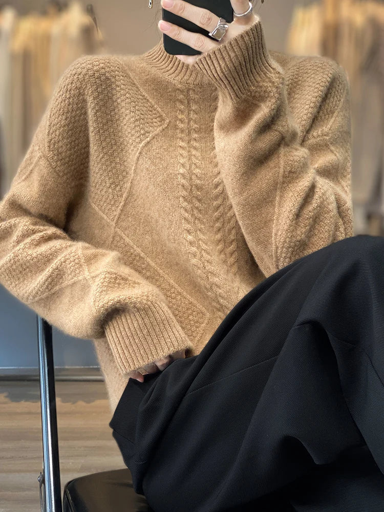 Vaesira cable-knit cashmere sweater in beige, seated front view