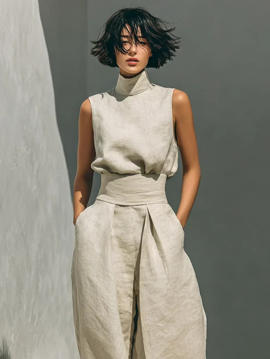 Joana set in khaki, close view of high neck sleeveless top