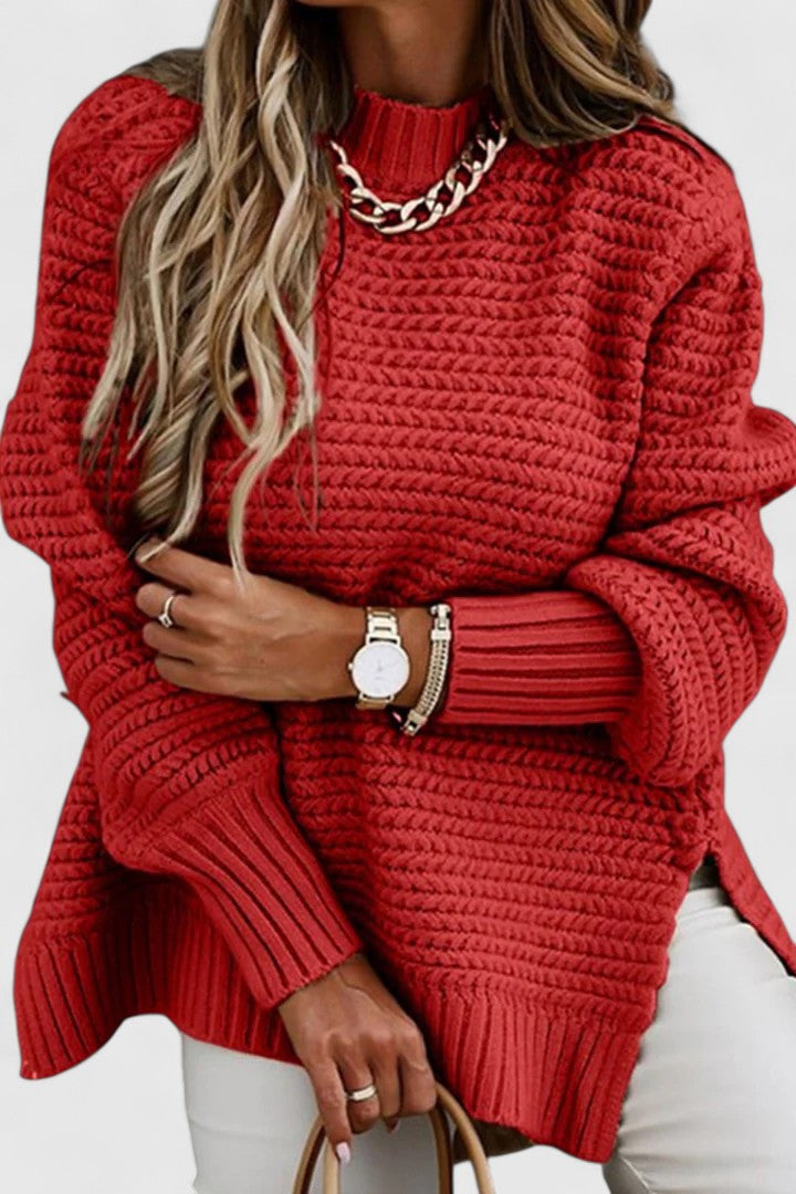 Kalyzziah chunky knit sweater in red, front detail view