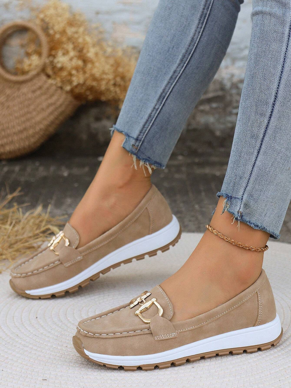 Juliet flat buckle loafers in khaki, three-quarter view