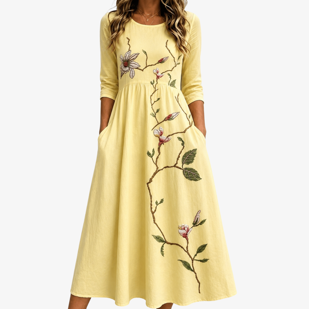 Golden Blossom pocket midi dress in yellow with embroidered floral branches, front view
