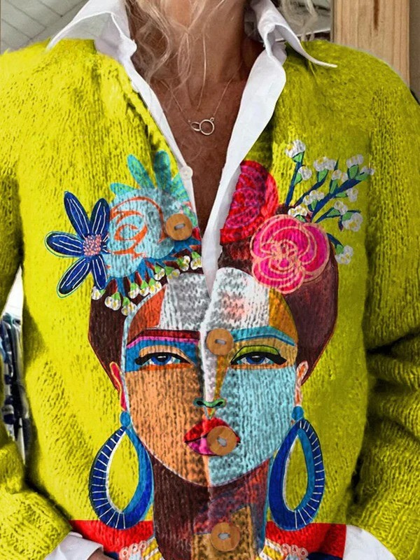 Ona cardigan close-up of the colourful painted portrait print