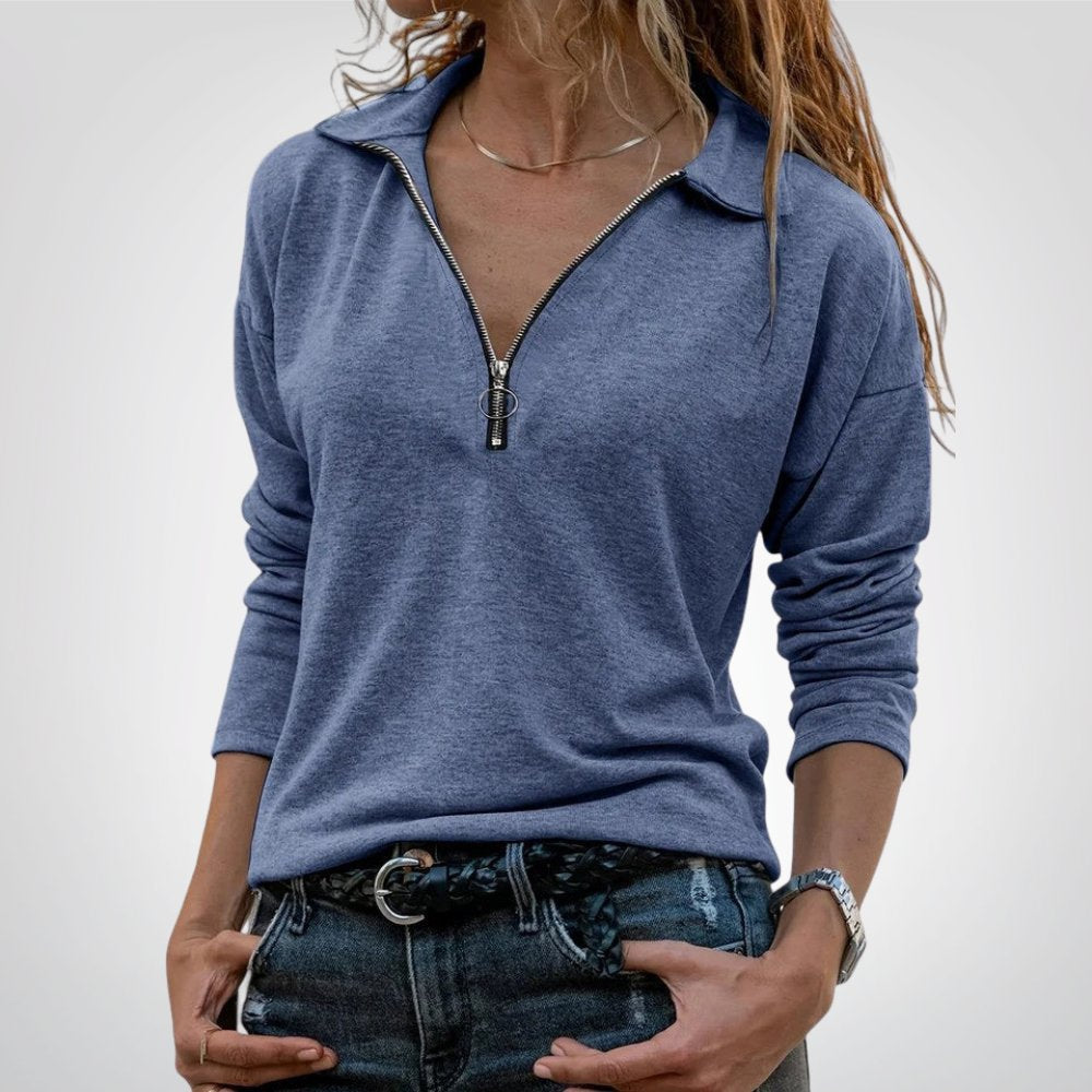 Jaylina half-zip collared top in sea blue, front view