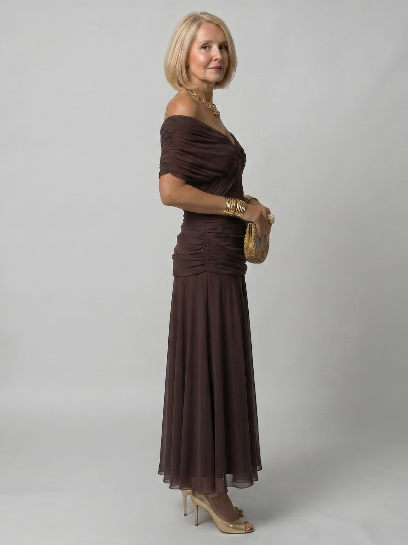 Flow midi dress in brown, side view showing ruched bodice