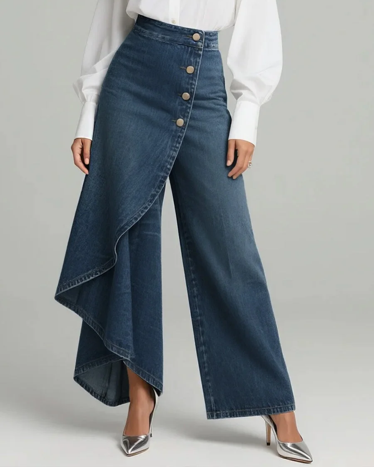 Audrey denim wrap trousers in dark blue, front view on model
