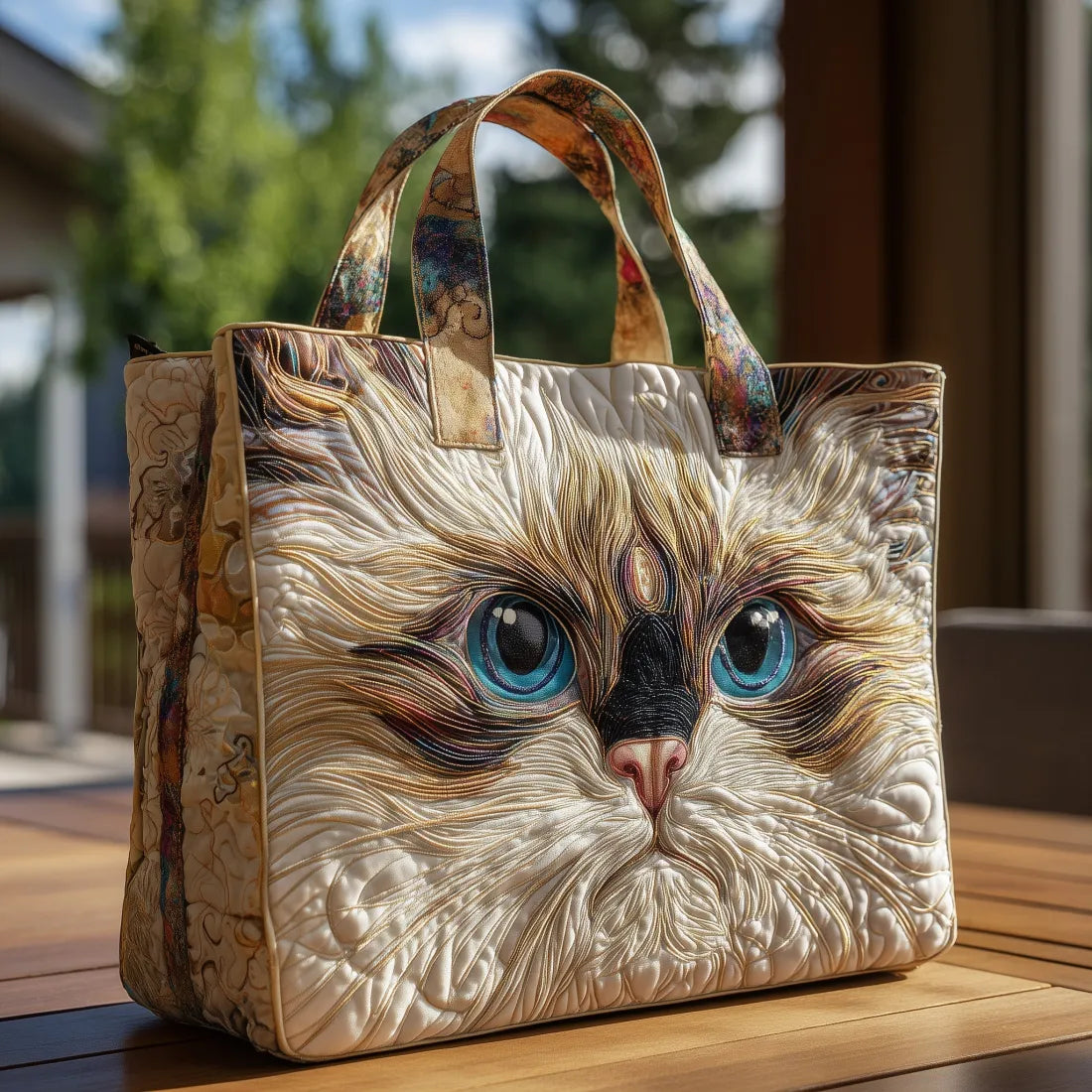 Handcrafted tote bag with white cat and blue eyes design, front view
