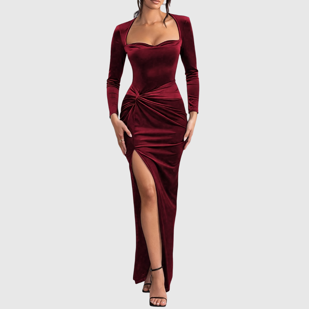 Lelowen velvet mermaid gown in burgundy, full-length front view