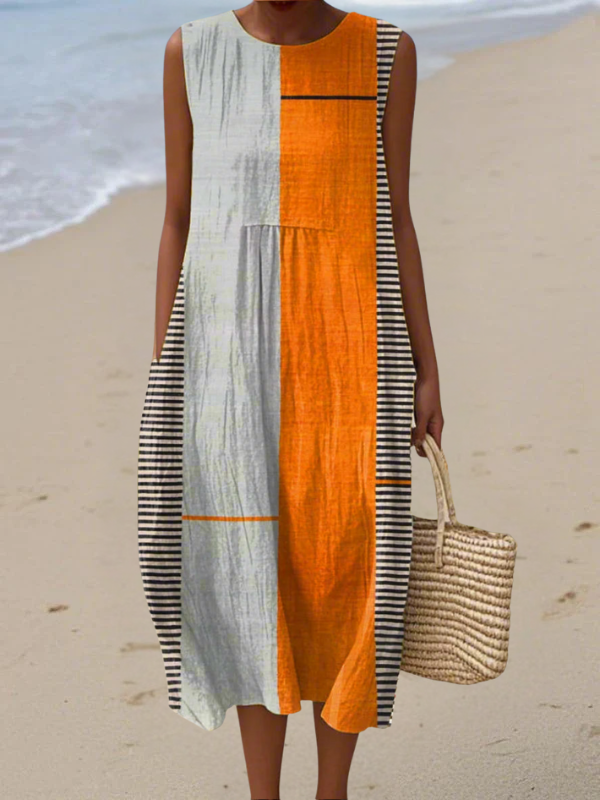 May colourblock midi dress in orange and grey with striped panels, full front view