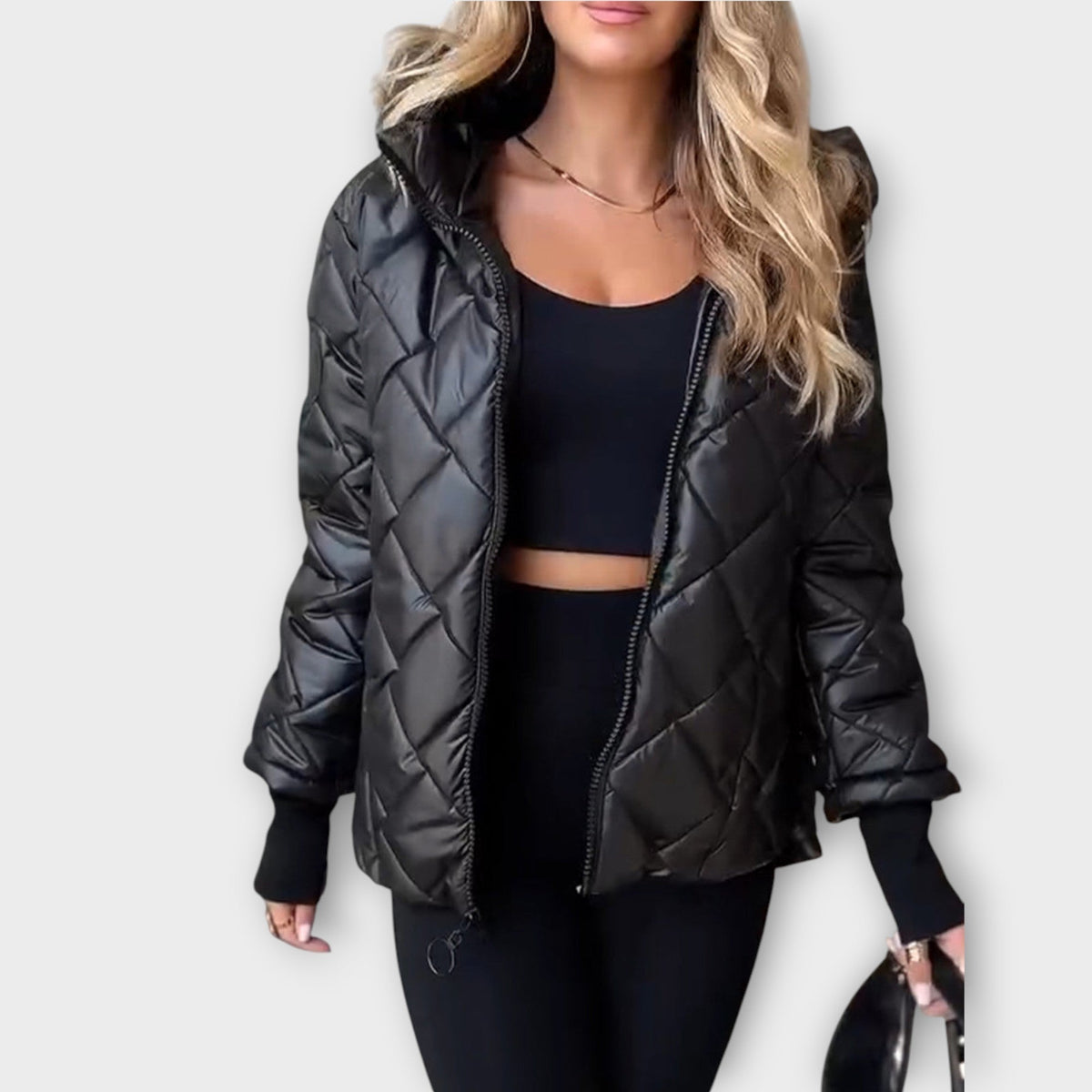 Winola hooded quilted jacket in black, front view worn open