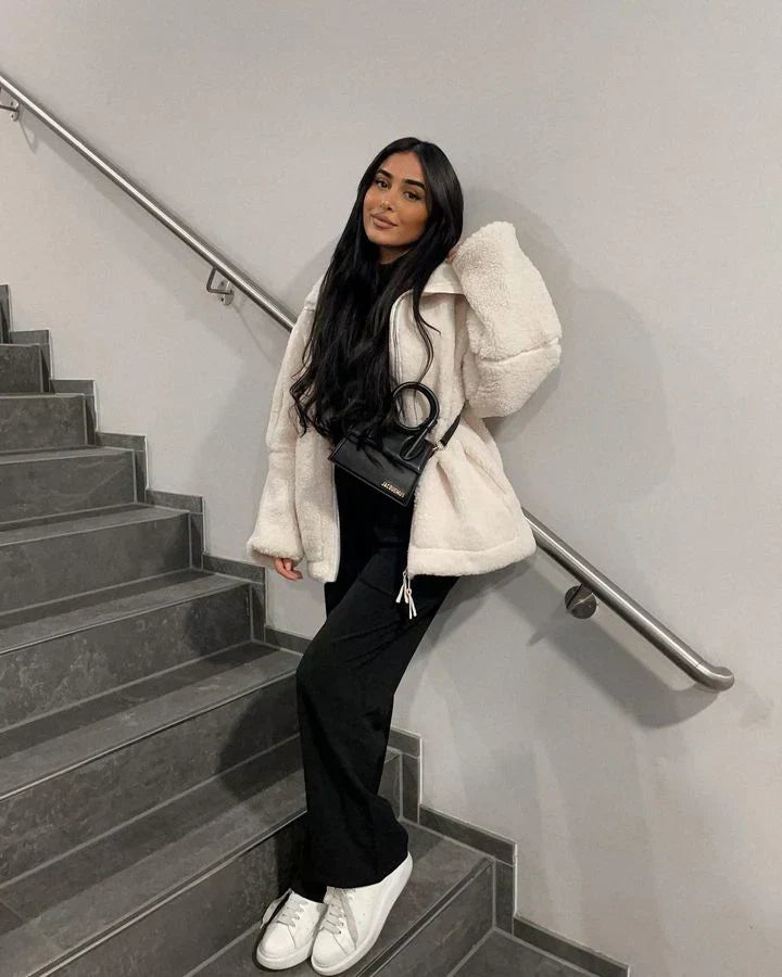 Araminta teddy winter jacket in cream, full-length side view