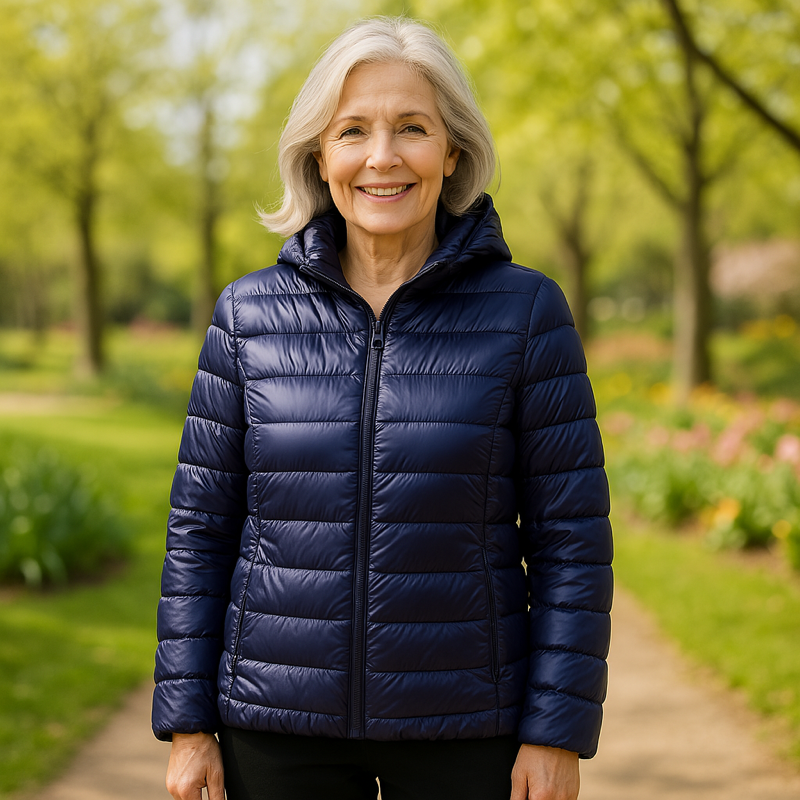 Ulla transitional padded jacket in navy blue, worn open-collar front view outdoors