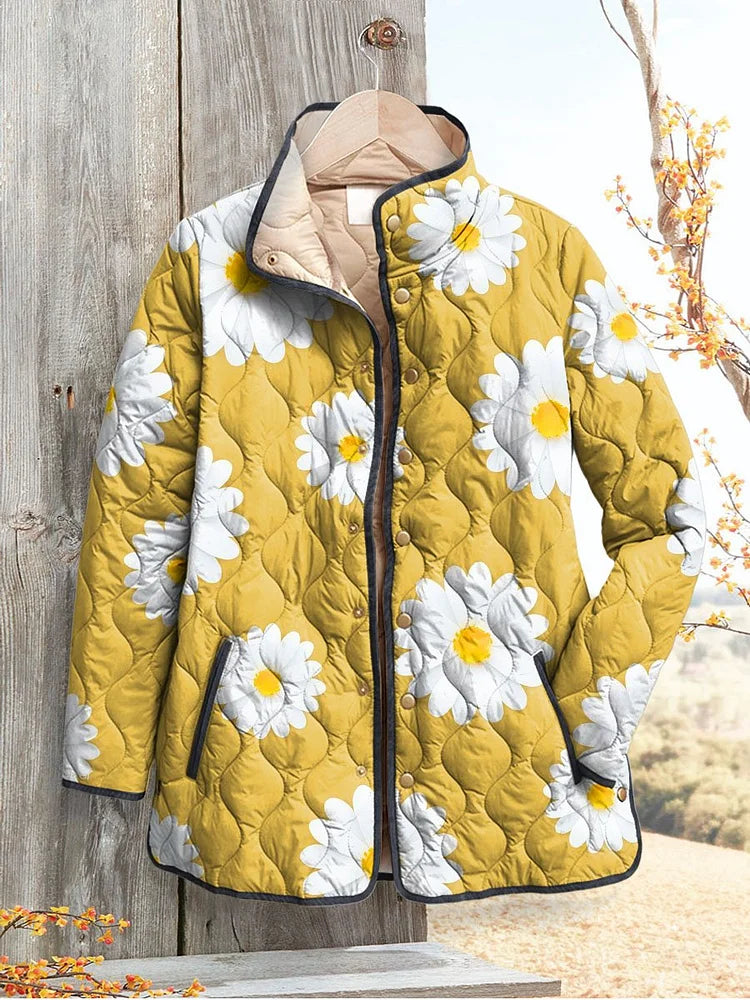 Florence quilted jacket in yellow with white daisy print, full front view