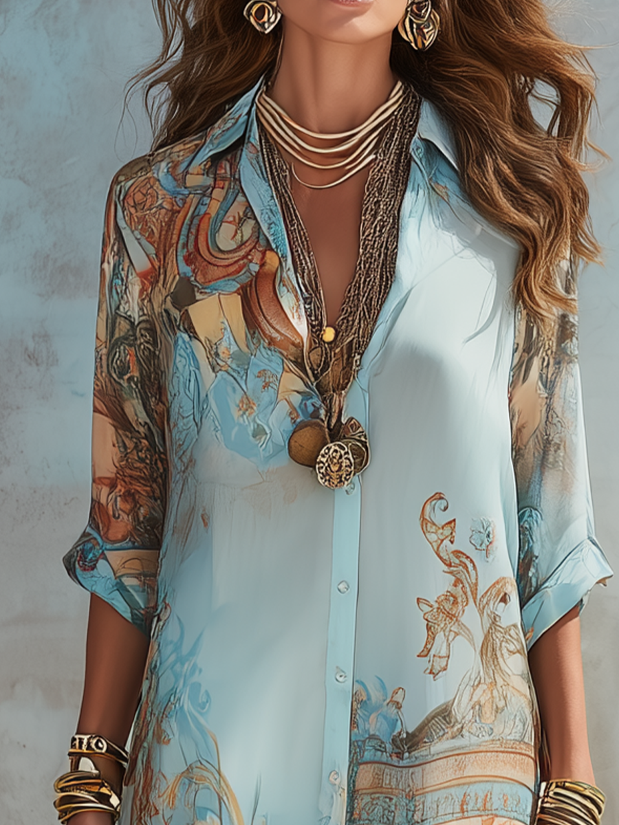 Close-up of collar and button placket on blue baroque maxi dress