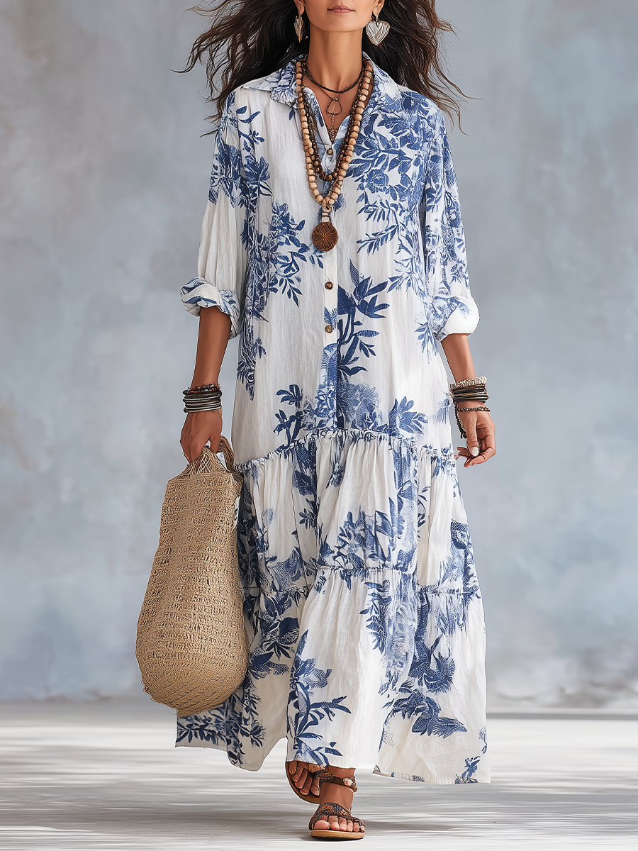 Bohemian blue floral maxi dress in white, full-length front view
