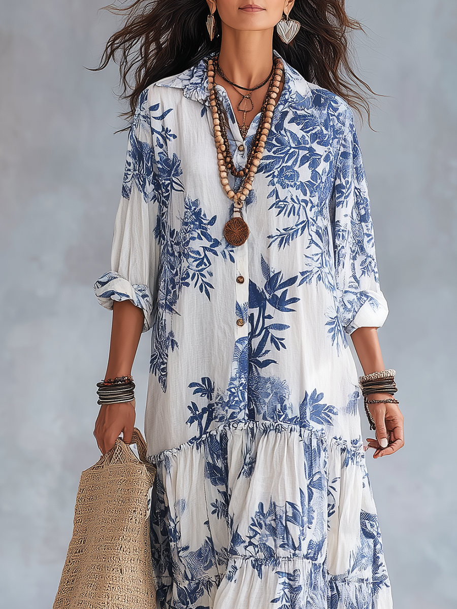 Close-up of collar and button front on blue floral maxi dress
