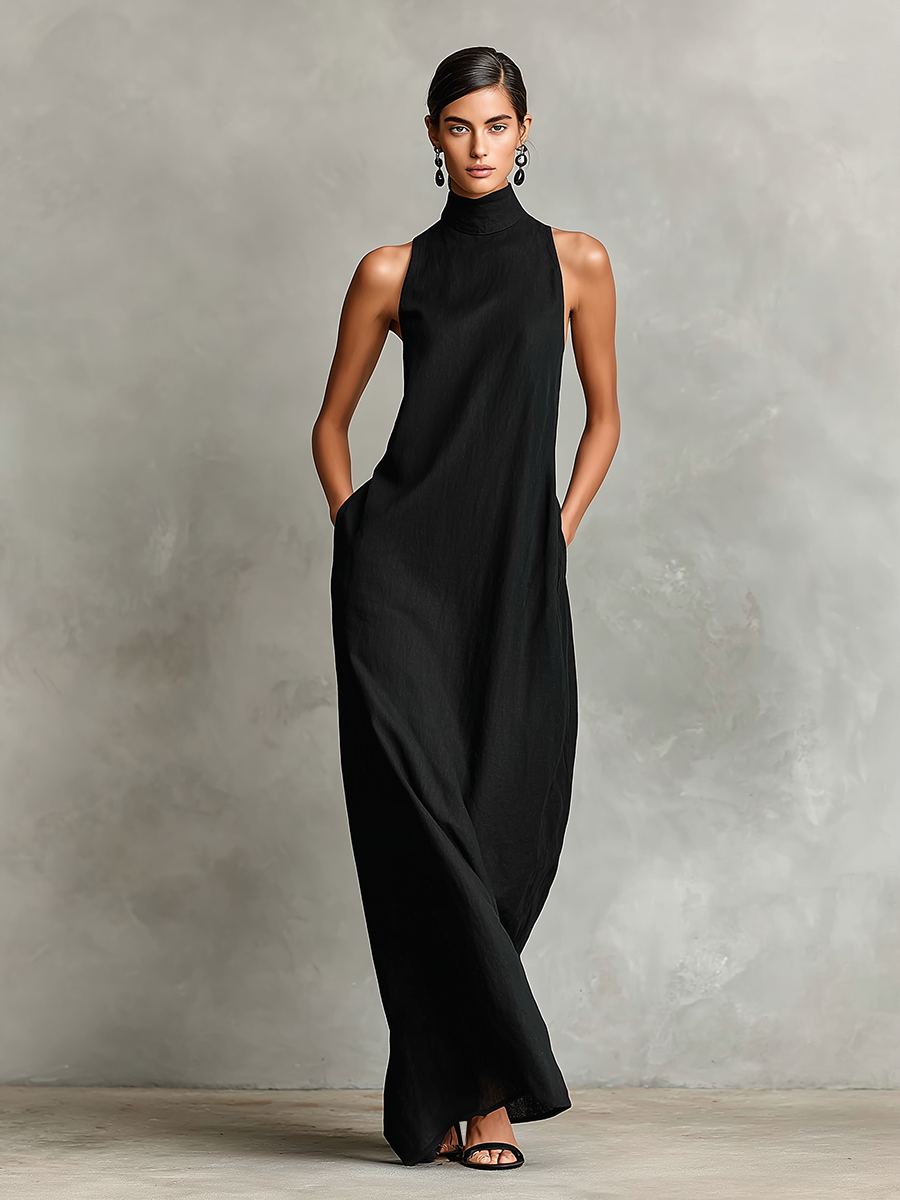 Chrissy maxi dress in black, full-length front view with high collar