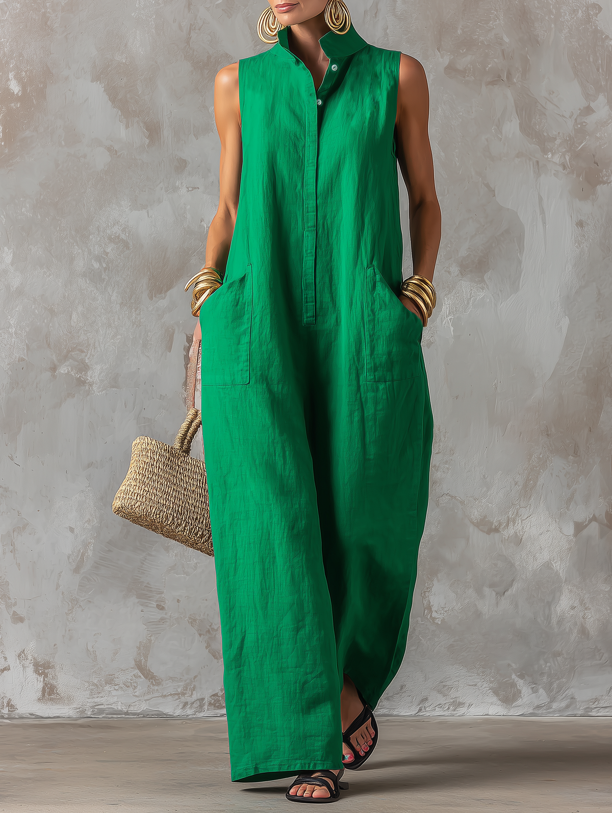 Jerline sleeveless wide-leg jumpsuit in green, full-length front view