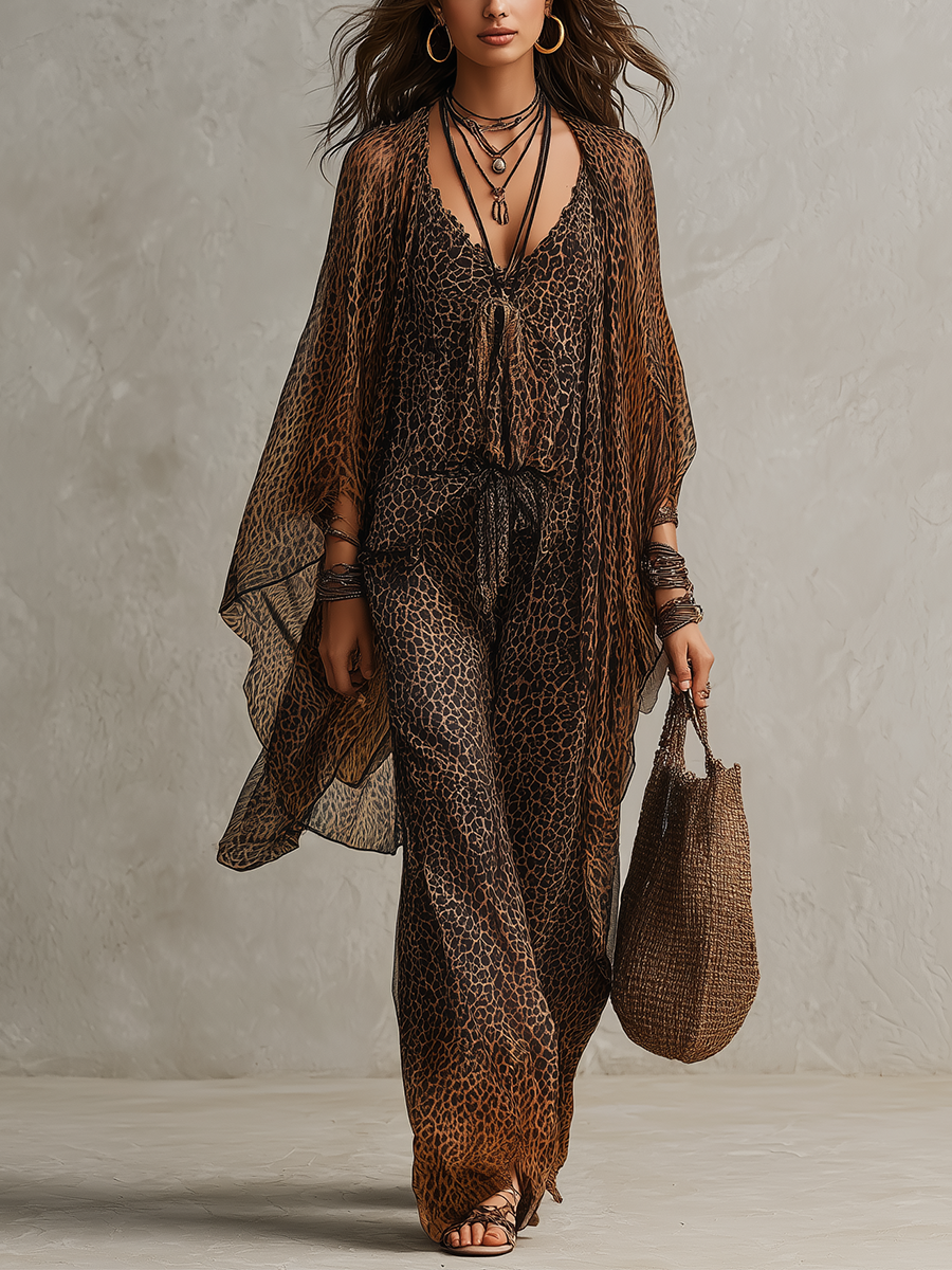 Boho leopard three-piece set in brown, full-length front view with sheer cardigan