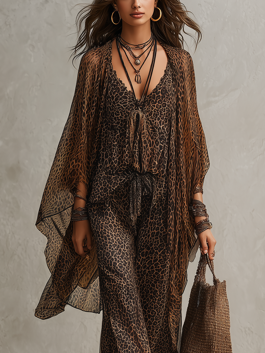 Close view of leopard camisole neckline and draped chiffon cardigan