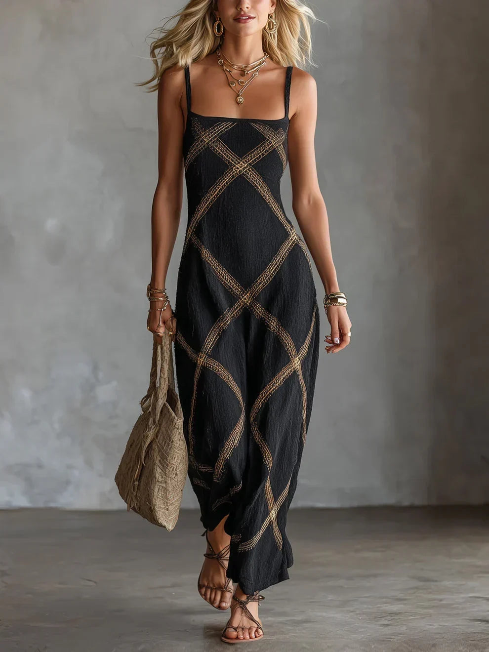 Melisa geometric maxi dress in black, full-length front view