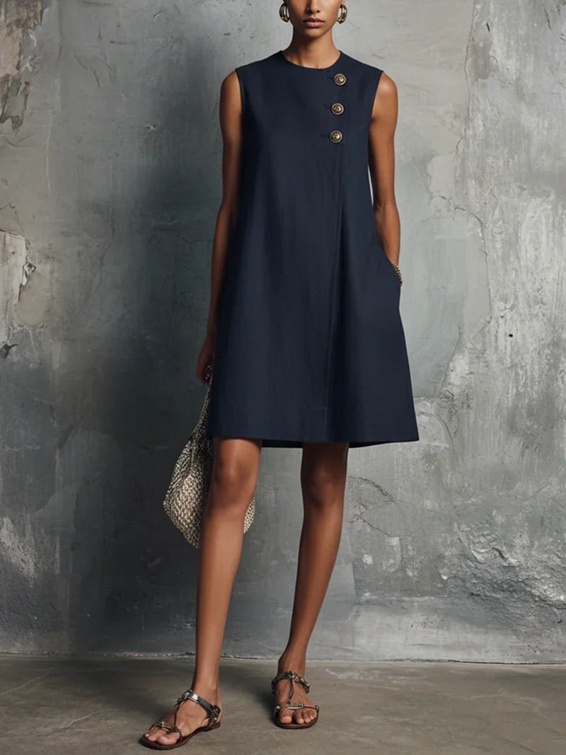 Aubrey sleeveless mini dress in navy, front view with side pocket