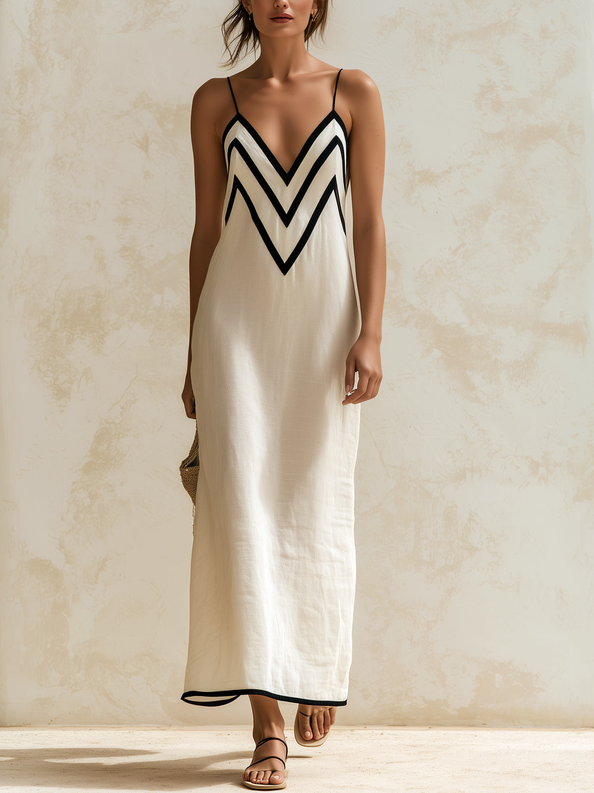 Marisa contrast chevron maxi dress in beige, full-length front view