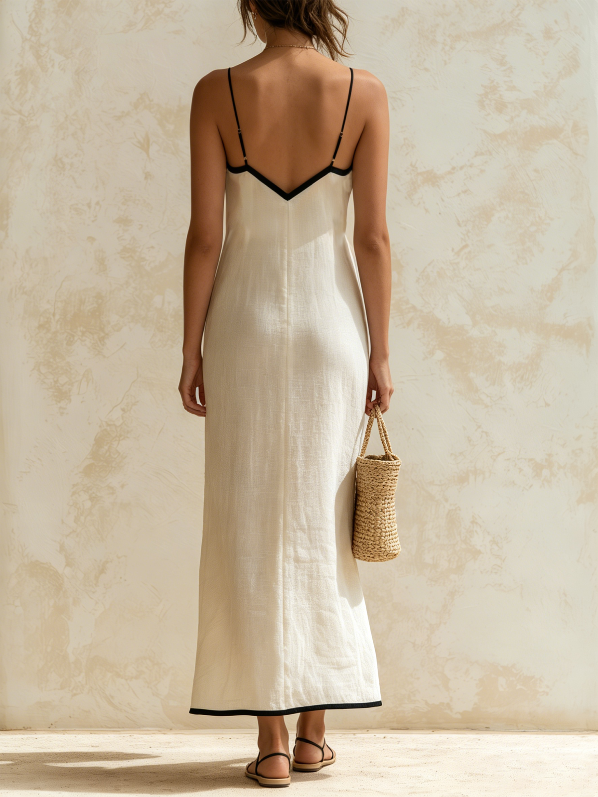 Marisa chevron maxi dress in beige, back view showing deep V back