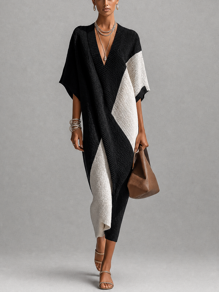 Véra ebony and ivory midi dress, full-length front view