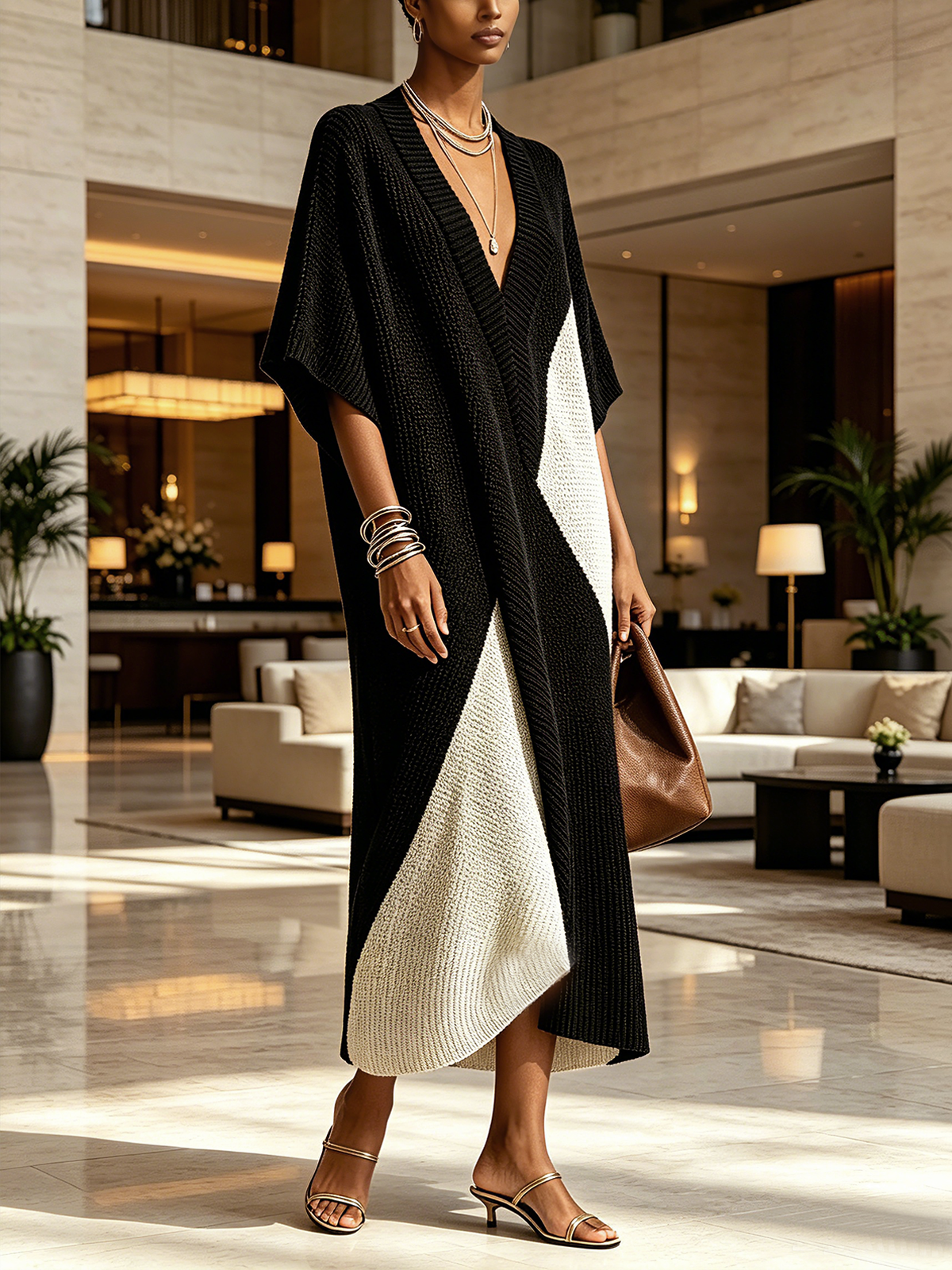 Véra ebony and ivory knit midi dress styled with heeled sandals