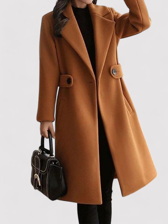 Noelle belted coat in brown, full-length front view