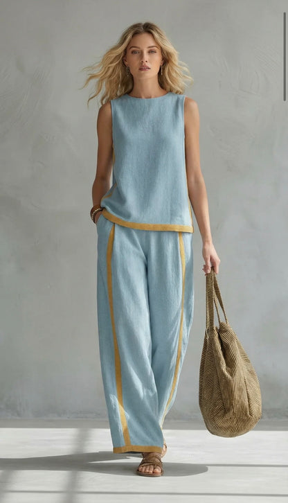 Leila two-piece set in light blue, full-length front view