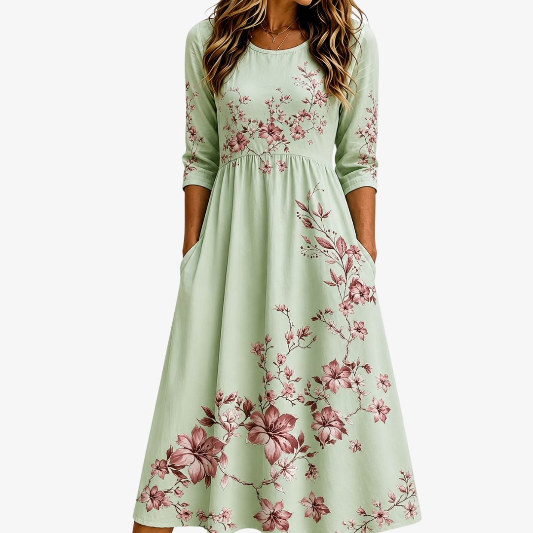 Rosamund sage floral midi dress in mint green, front view with three-quarter sleeves