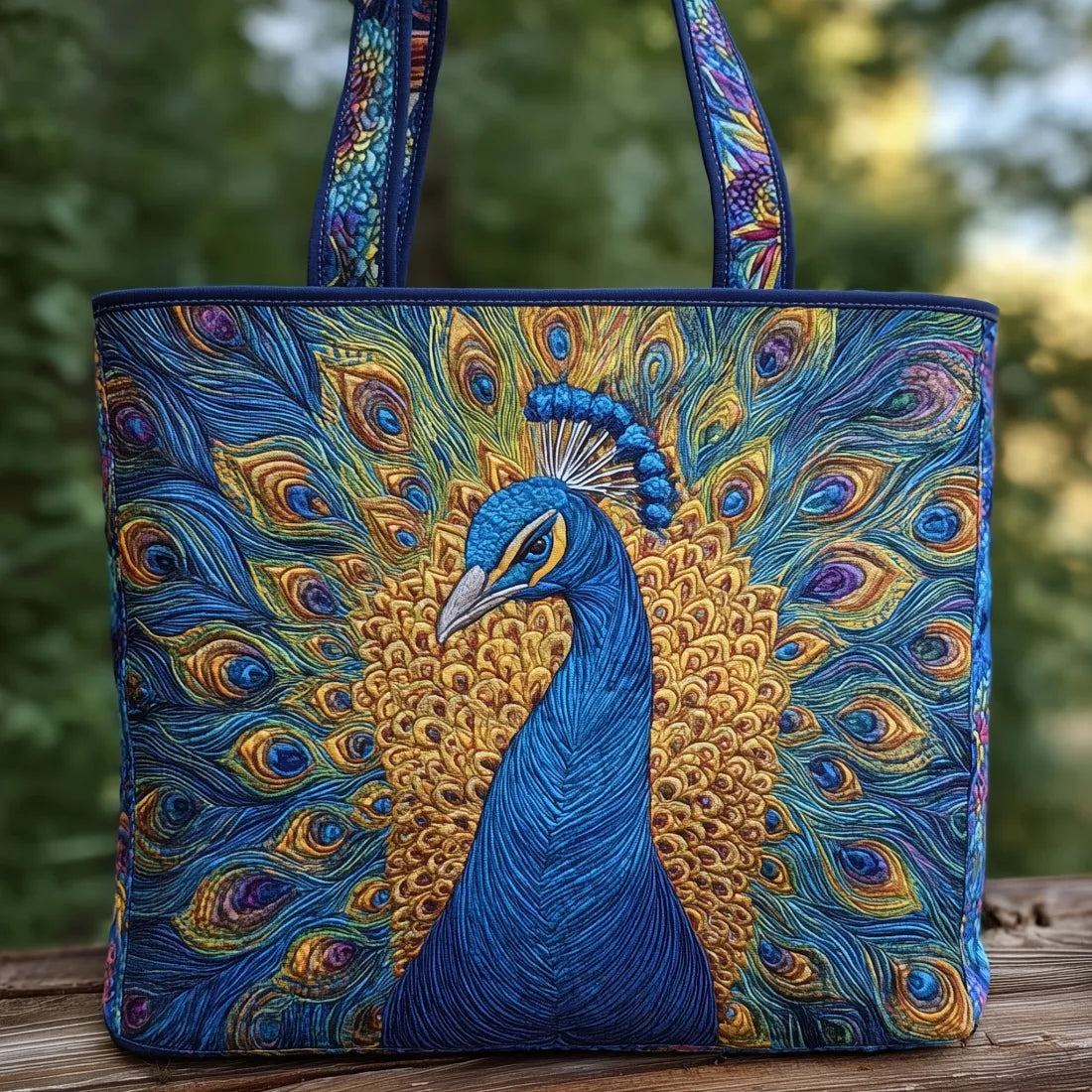 Handcrafted tote bag with royal peacock design in blue and gold, front view