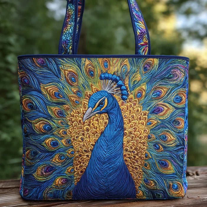 Handcrafted tote bag with royal peacock design in blue and gold, front view
