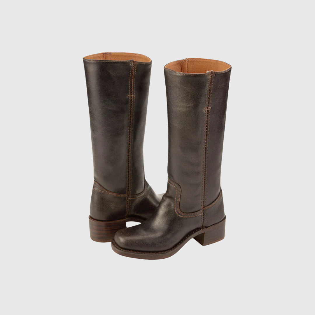 Lerelia knee-high boots in dark brown, angled pair view