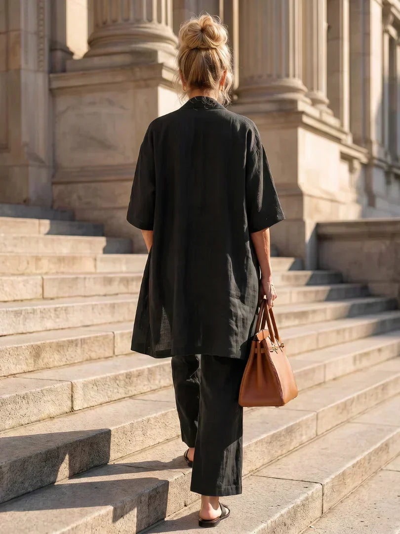 Lorrin three-piece set in black, back view of longline kimono