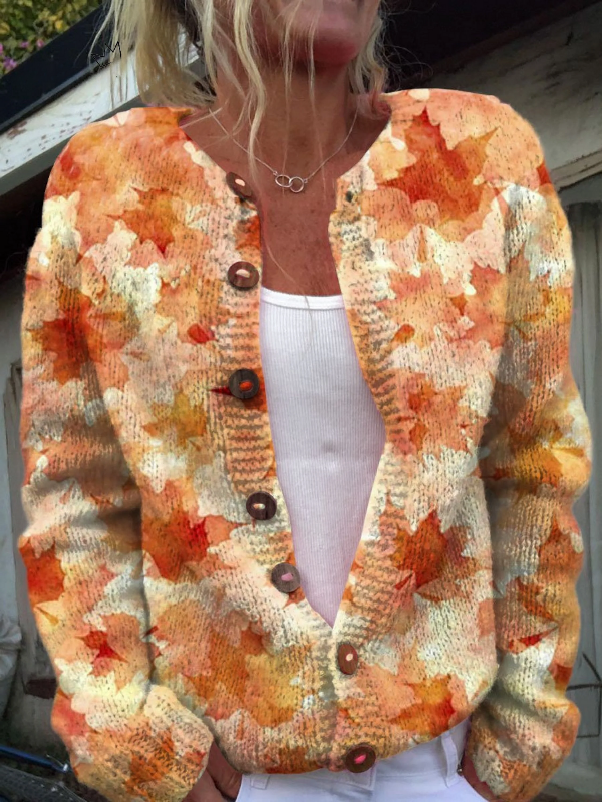 Briarwood vintage knit cardigan in orange maple leaf print, front view worn open