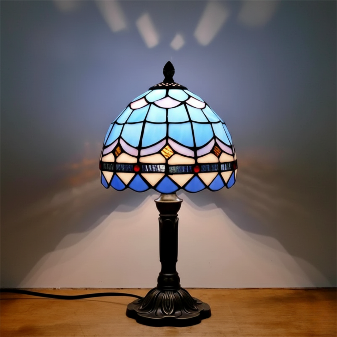 Frozen Night stained-glass table lamp in blue and ivory, front view